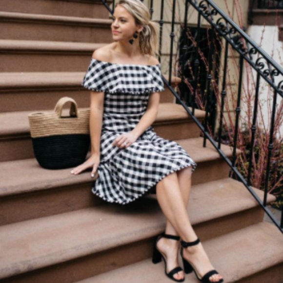 🎉 2 x HP 🎉 Petite Gingham Off The Shoulder Midi Dress - Picture 3 of 8
